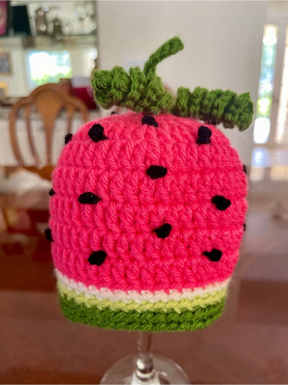 Handmade Pink Watermelon Crochet Baby Hat with Green Trim